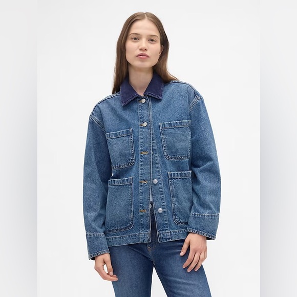 GAP Blue Denim Jacket with Dark Blue Corduroy Collar - Picture 7 of 8